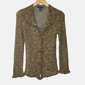 BCBG MAXAZRIA Brown Burnt Orange Chunky Nubby Open Knit Cardigan Sweater M